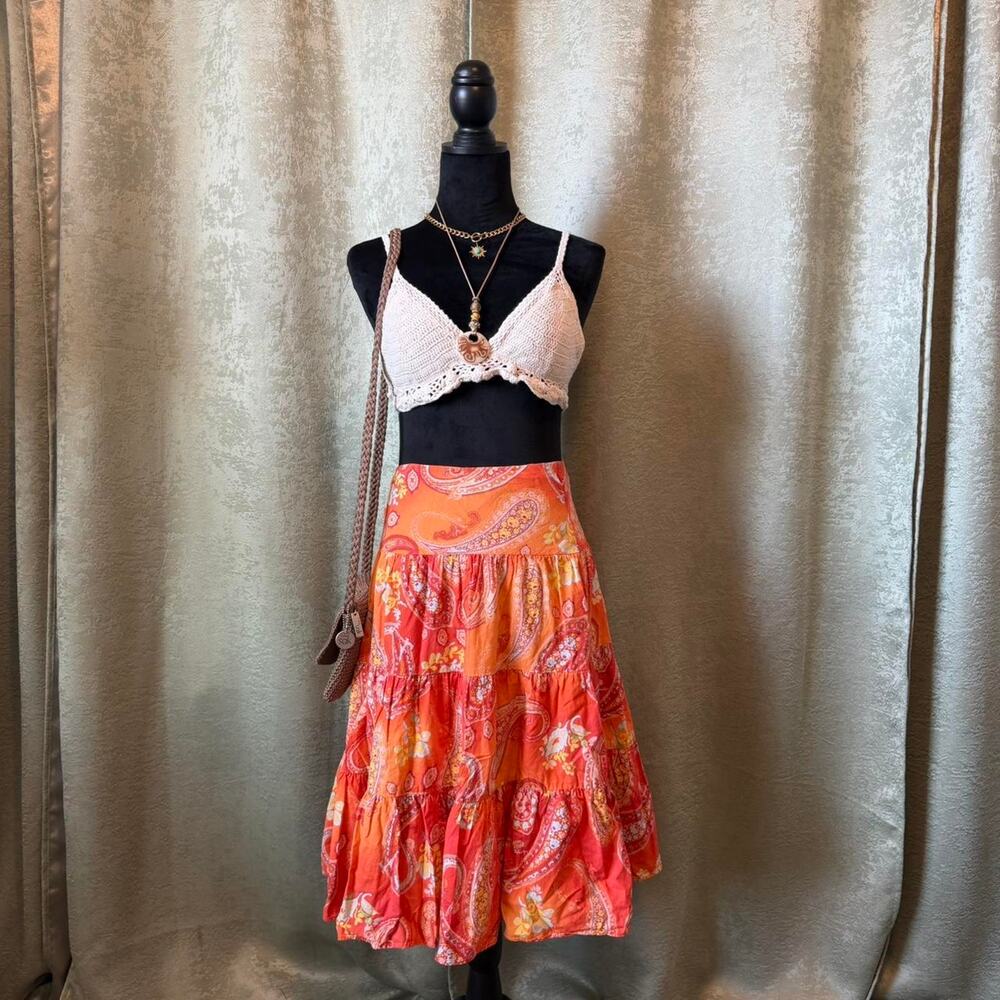 Chaps (Ralph Lauren Brand) Orange Paisley Tiered Midi Skirt